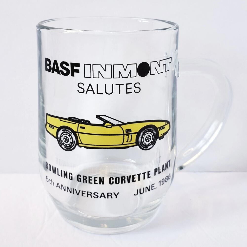 Vintage 1986 Corvette Plant 5th Anniversary Glass Mug‎ Bowling Green, KY 10 oz